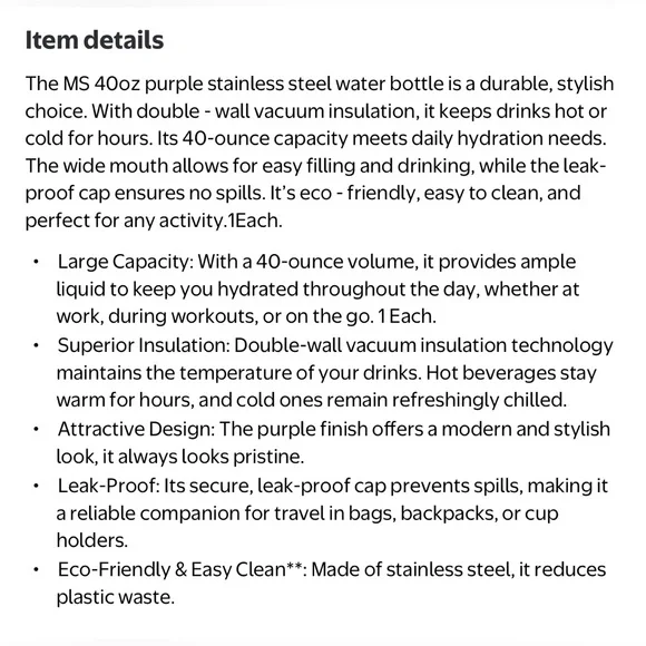 Lavender Stainless Steel Insulated Bottle 40 Oz - Picture 6 of 6